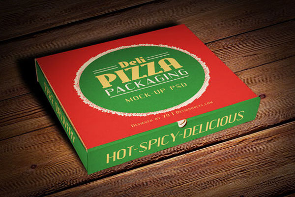 Perspective View Pizza Box on Wooden Floor Mockup