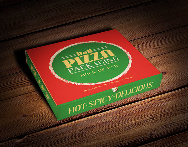 Perspective View Pizza Box on Wooden Floor Mockup
