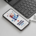 Perspective View Smartphone Mockup with Ear Pods and Keyboard