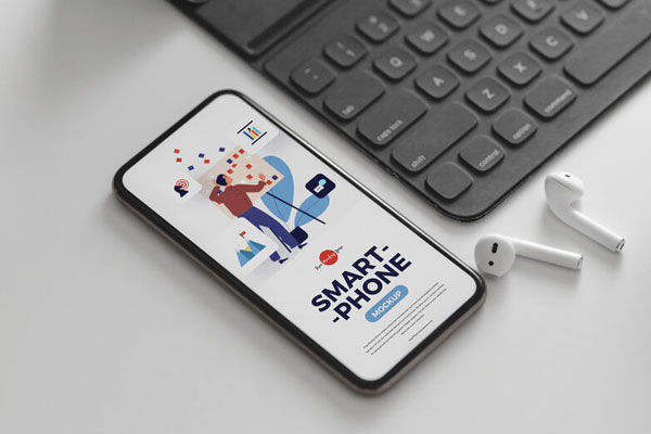 Perspective View Smartphone Mockup with Ear Pods and Keyboard