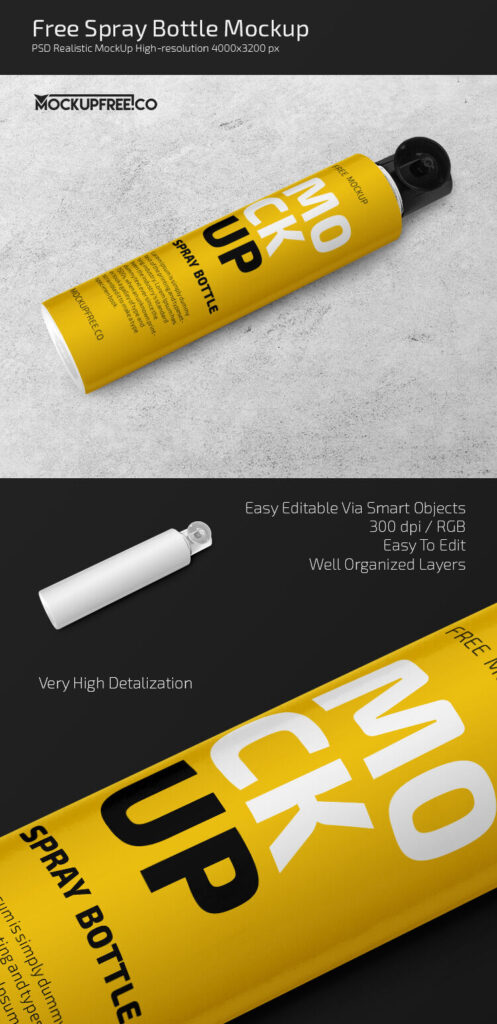 Perspective View Spray Bottle Laying Down on Stone Texture Mockup