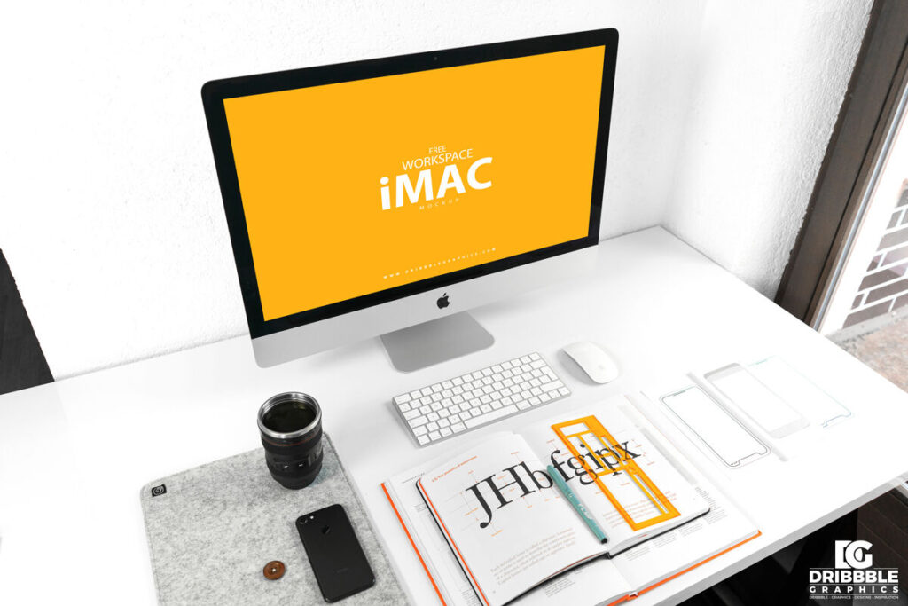Perspective View Workspace iMac Mockup with Books and Smartphone