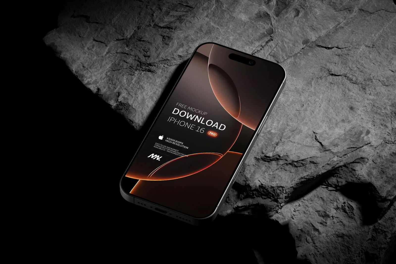 Free Perspective Vision of Black Titanium iPhone 16 Pro Mockup on Rock PSD Template
