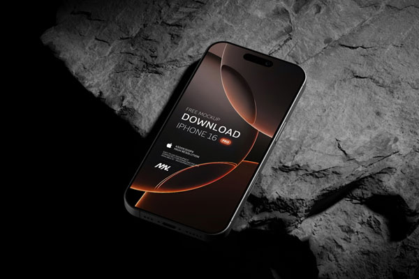 Perspective Vision of Black Titanium iPhone 16 Pro Mockup on Rock