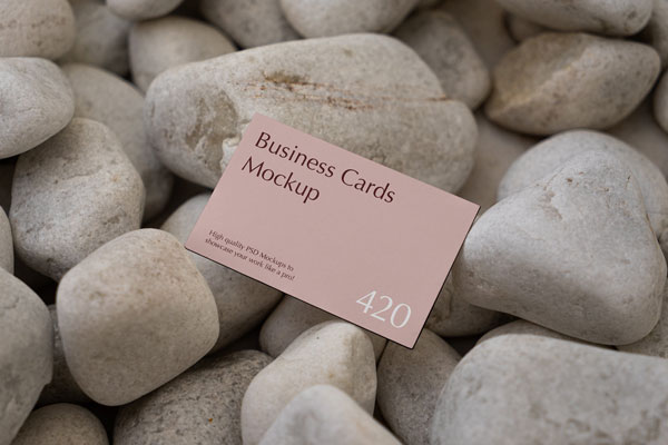 Perspective Vision of Business Card Mockup Among Stones