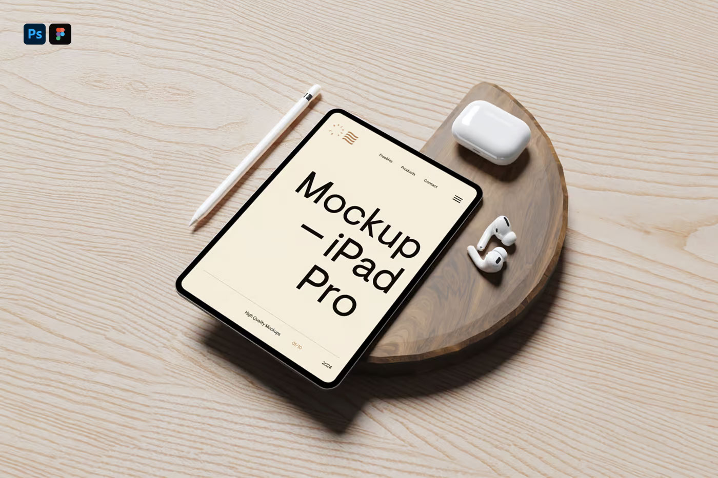 Free Perspective Vision of iPad Pro Mockup with Accessories PSD Template