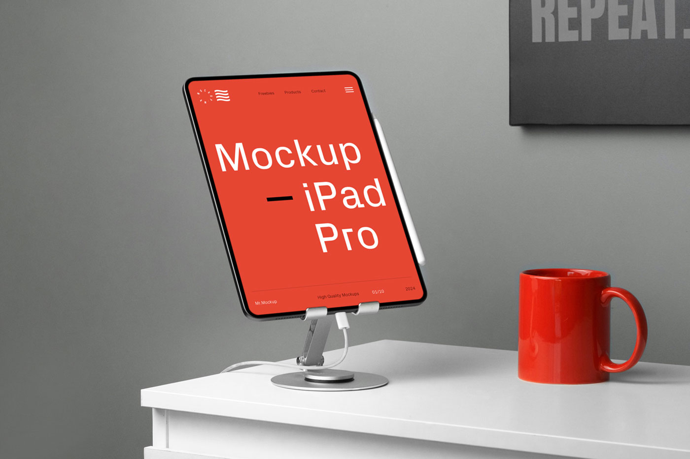 Free Perspective Vision of iPad Pro Mockup with Mug PSD Template