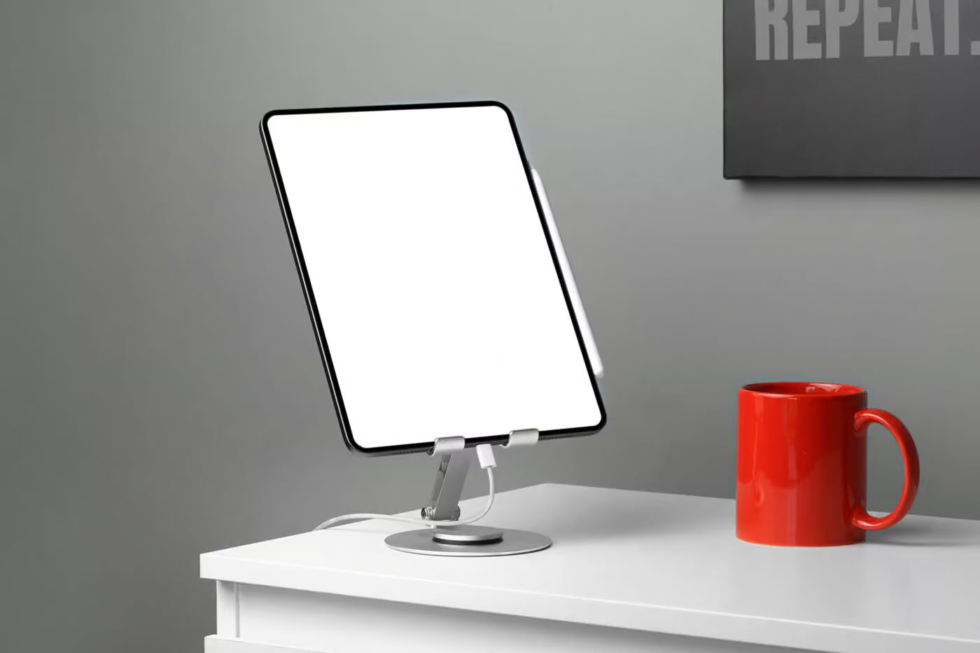 Free Perspective Vision of iPad Pro Mockup with Mug PSD Template