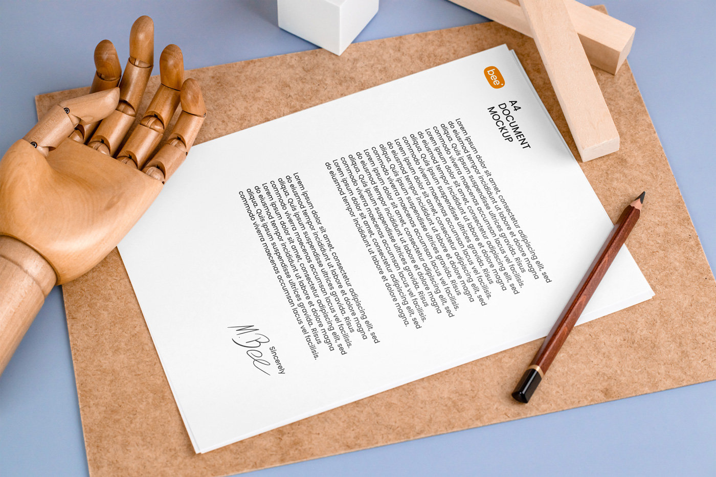 Perspective Vision of Letterhead Mockup with Wooden Hand FREE PSD