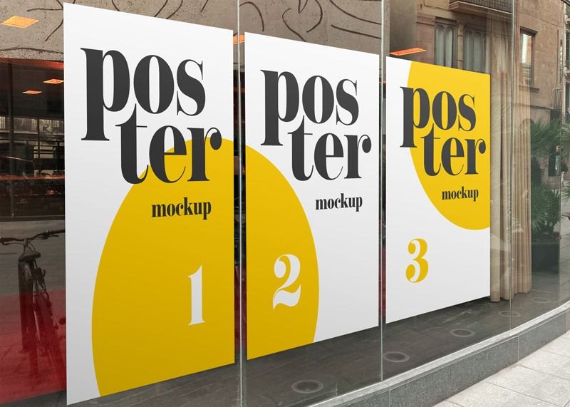 Perspective Vision of Rectangular Posters Mockup on Window