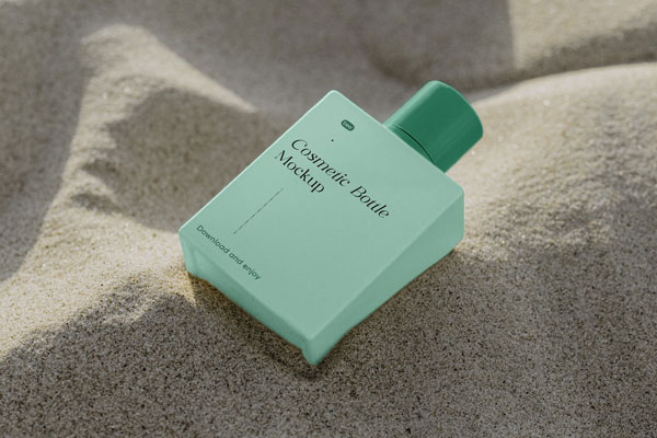 Perspective Vision of Square Bottle Mockup on Sand