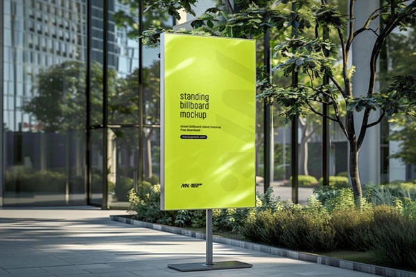 Perspective Vision of Standing Billboard Mockup with Shadows