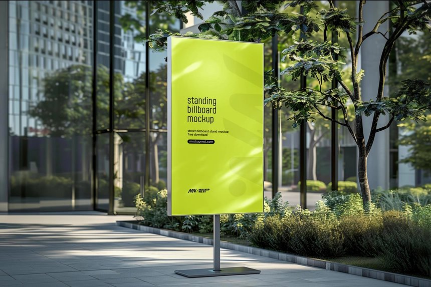 Perspective Vision of Standing Billboard Mockup with Shadows