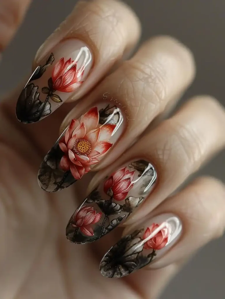 Photorealistic Lotus Nail Art