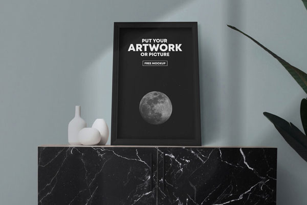 Picture Frame Leaning Against the Wall on Marble Mockup