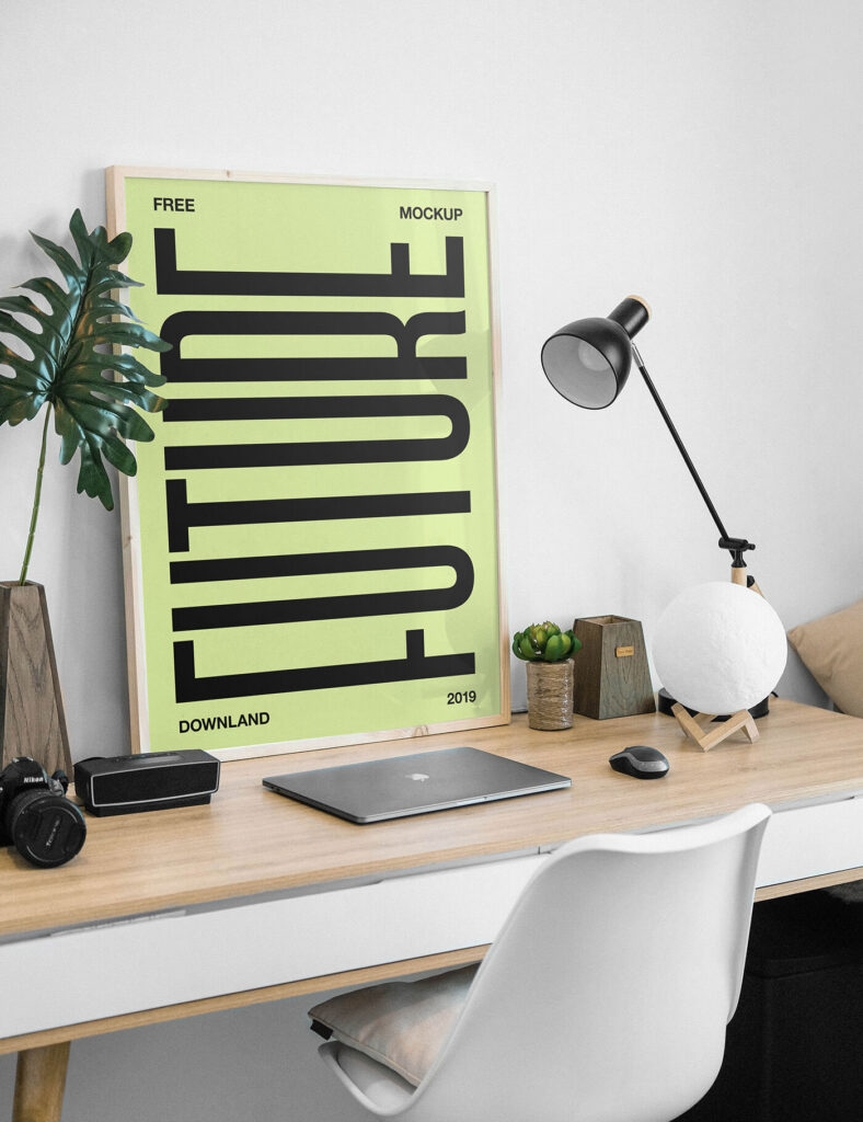 Picture Frame on Desk Mockup with Lamp and Laptop