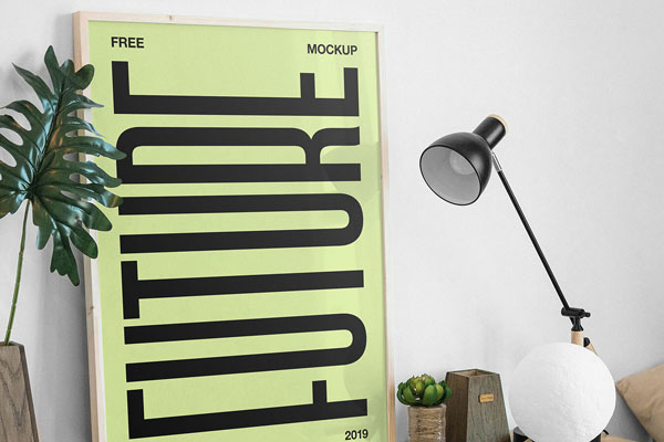 Picture Frame on Desk Mockup with Lamp and Laptop