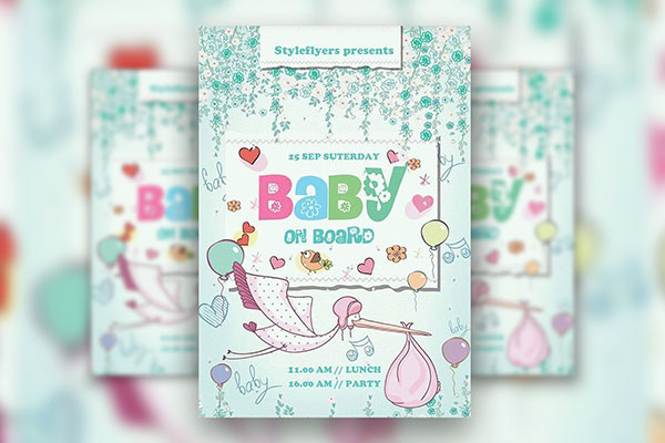 Playful Illustrated Hearts and Stork Baby Shower Flyer Template
