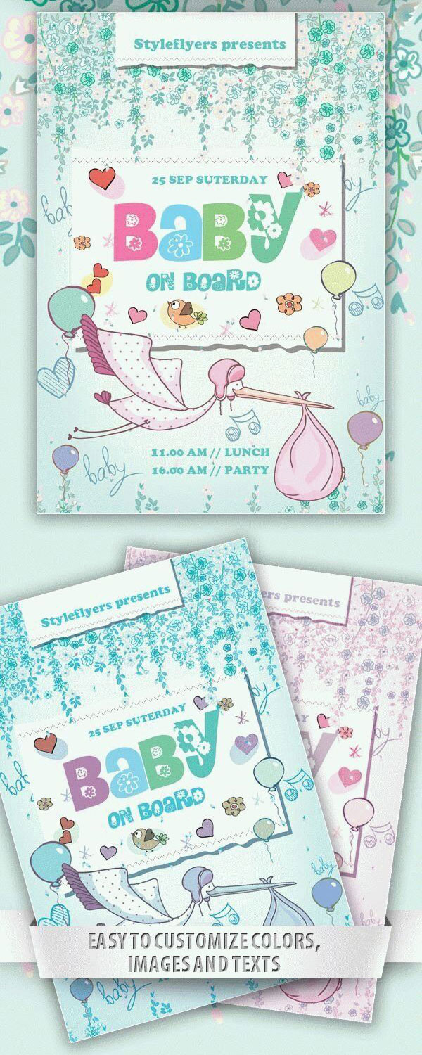 Playful Illustrated Hearts and Stork Baby Shower Flyer Template FREE PSD
