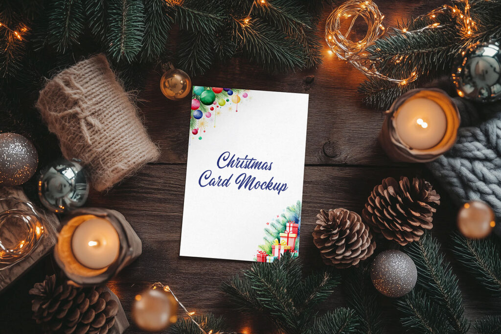 Post Card with Christmas Decorations Mockup