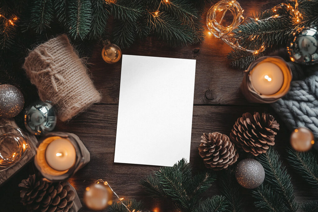 Post Card with Christmas Decorations Mockup