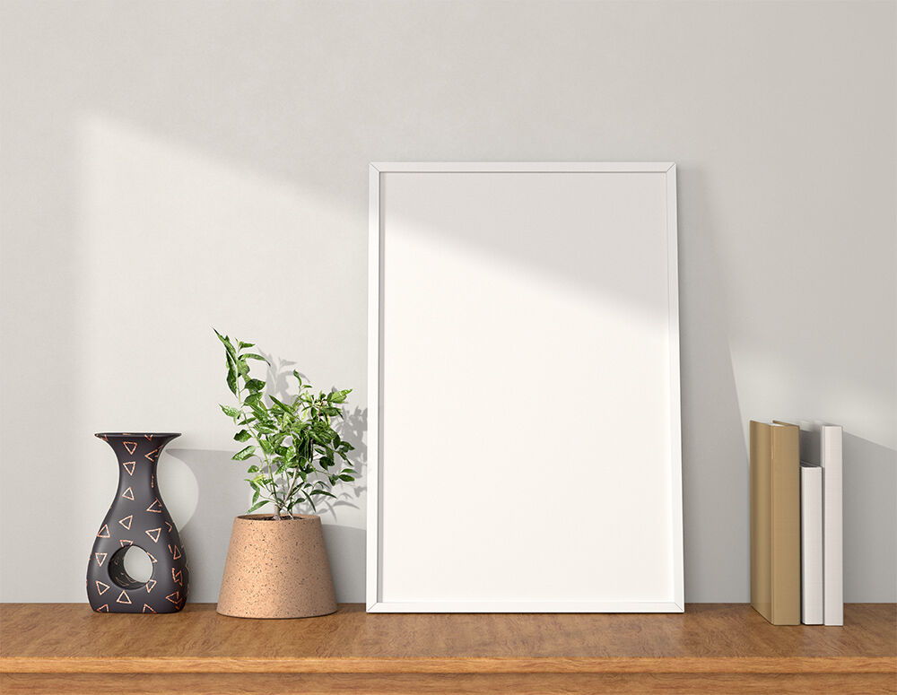 Poster Frame Standing on a Shelf Mockup