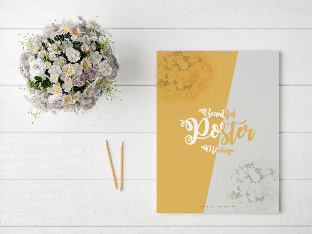 Poster Mockup on Table with Pencils and Flowers