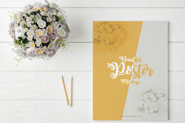 Poster Mockup on Table with Pencils and Flowers