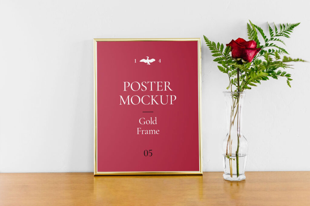 Poster With Gold Frame Mockup on Wooden Floor