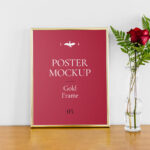 Poster With Gold Frame Mockup on Wooden Floor
