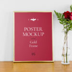 Poster With Gold Frame Mockup on Wooden Floor