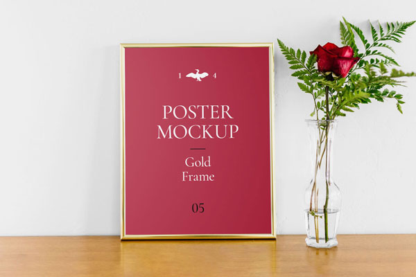 Poster With Gold Frame Mockup on Wooden Floor