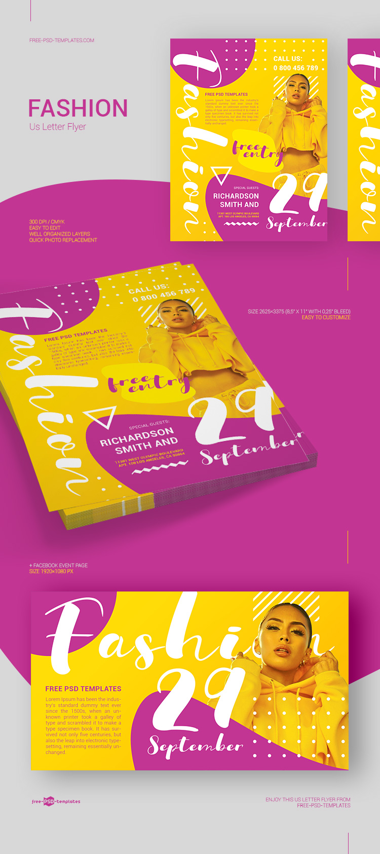 Purple and Yellow Fashion Flyer and Facebook Cover Templates FREE PSD