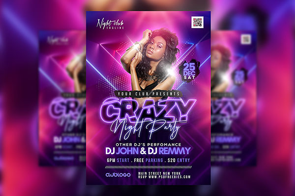Purple Neon Crazy Nightclub Music Party Flyer Template