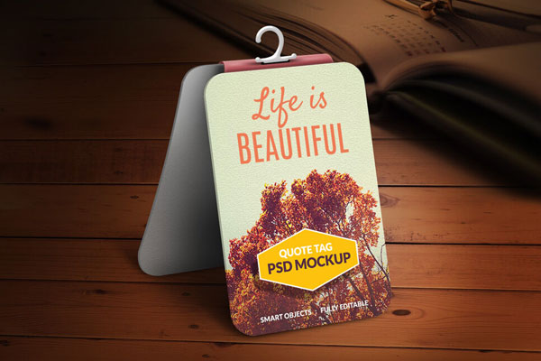 Quote Tag Mockup with Wooden Background and Open Book in the Corner