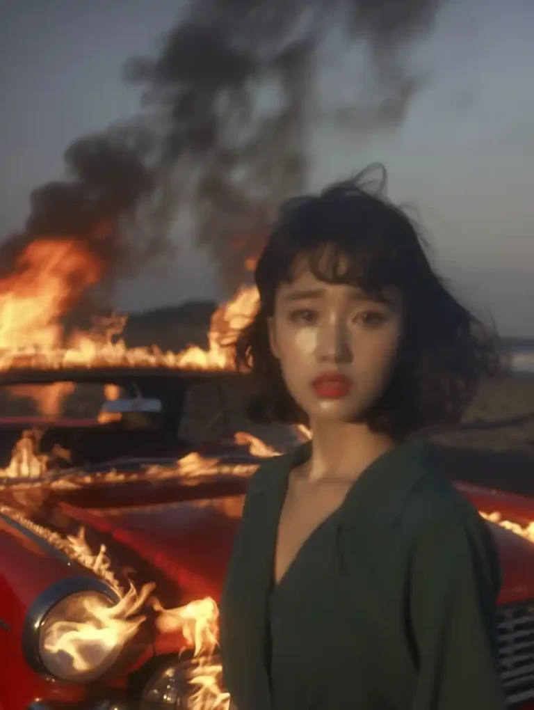 Raw Chinese Woman with Burning Car