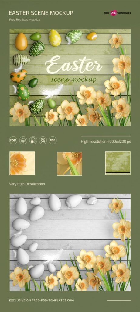Realistic Easter Scene Mockup with a Wooden Background