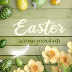 Realistic Easter Scene Mockup with a Wooden Background