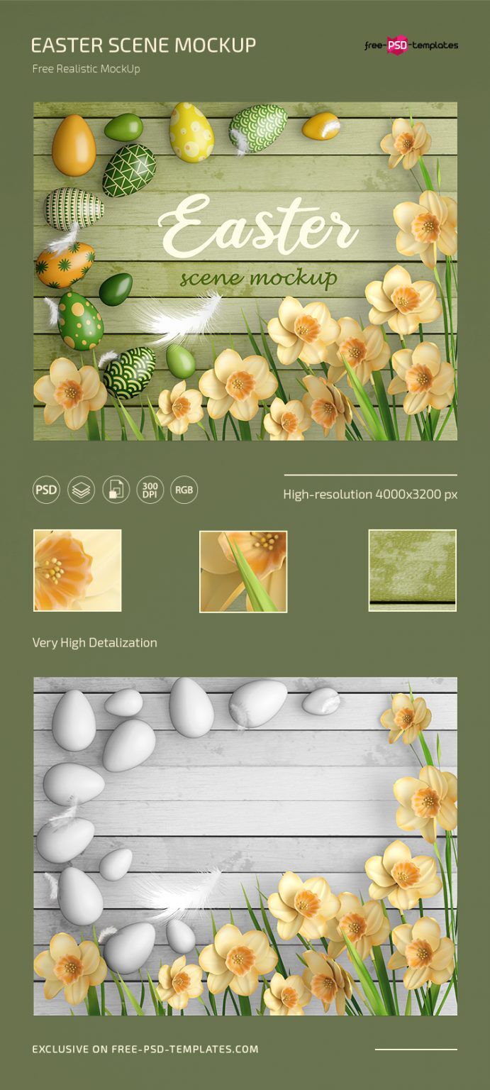 Realistic Easter Scene Mockup with a Wooden Background FREE PSD