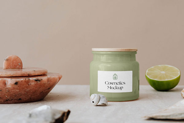 Realistic Jar Mockup with Lime and Marble Container in the Background