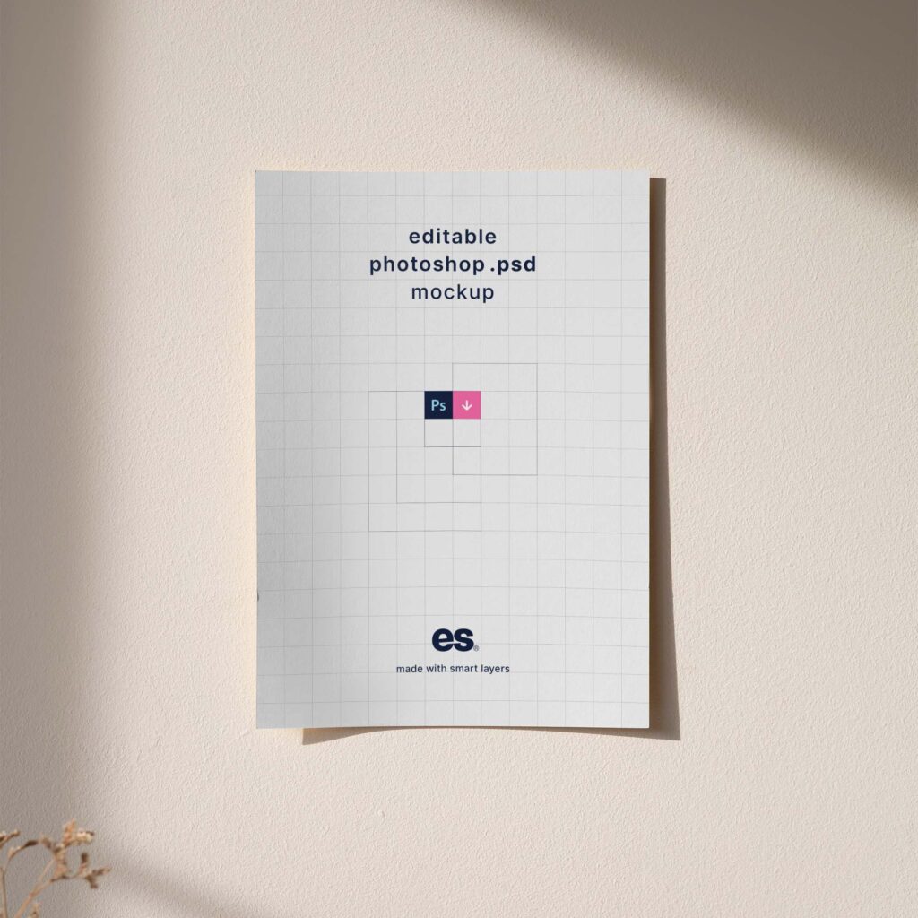 Realistic Paper Poster Mockup Attached Painted Wall