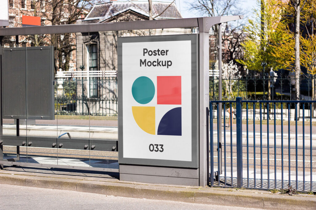 Realistic Poster Mockup at Bus Stop
