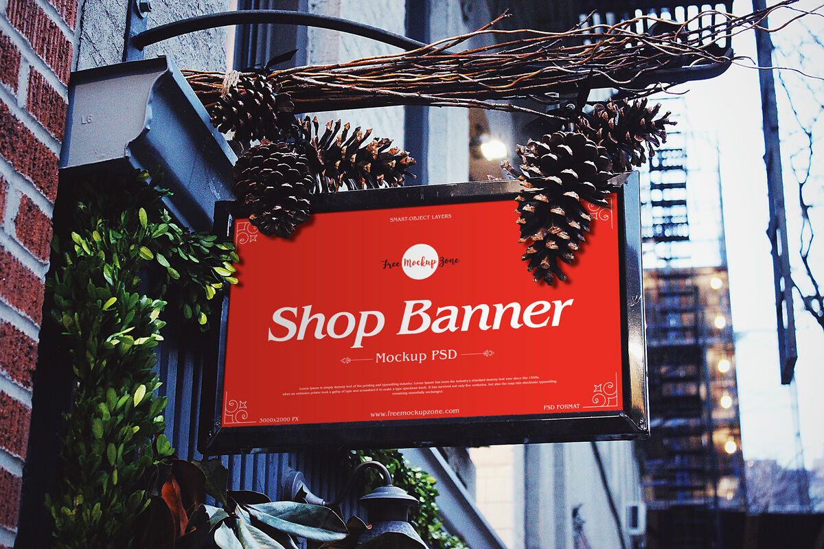 Realistic Shop Banner with Outdoors View Mockup FREE PSD