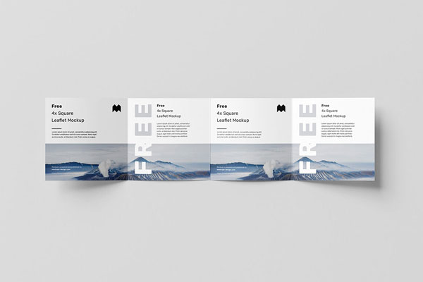 Six Realistic Square Four Fold Leaflet with Plain Background Mockups