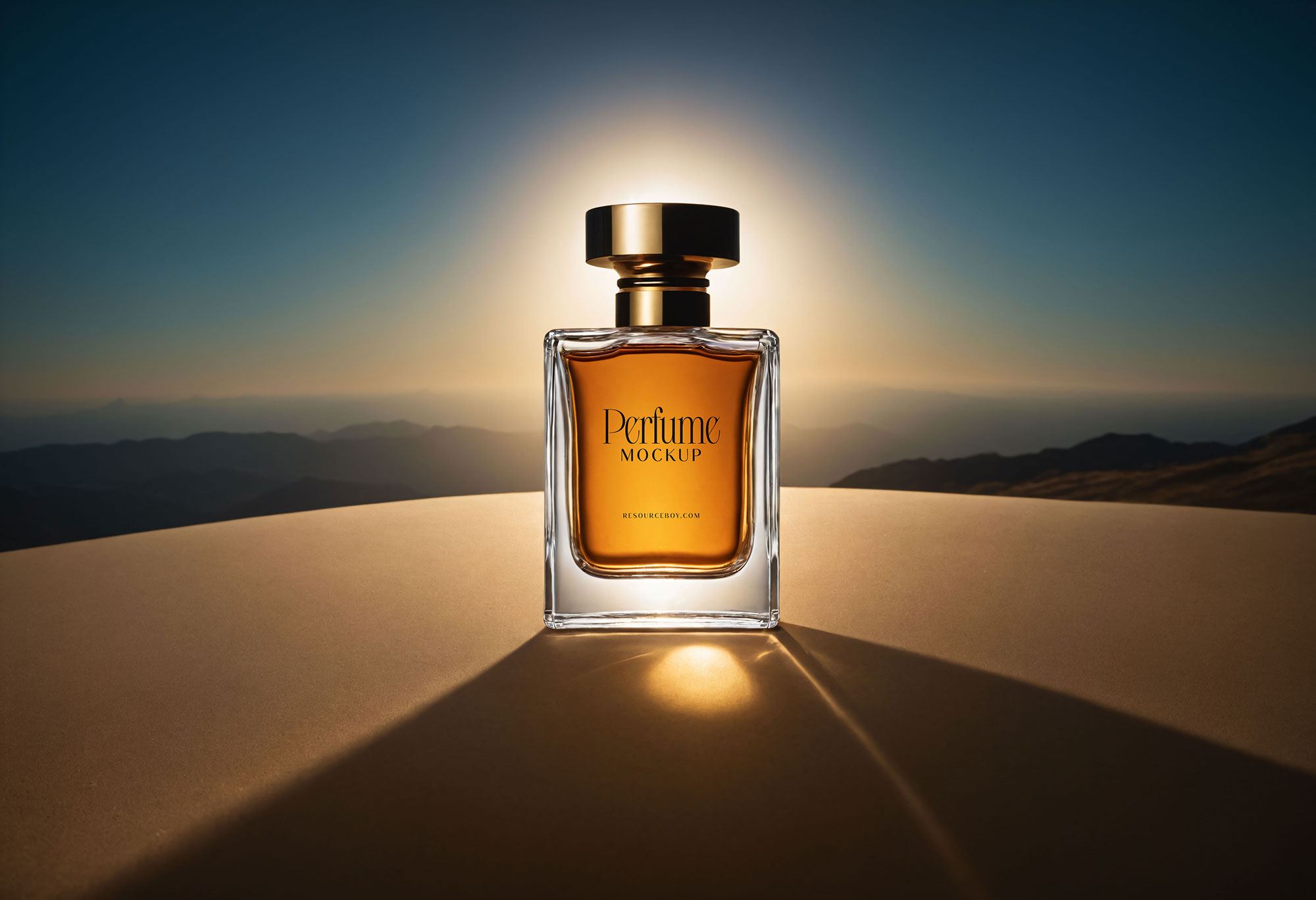 Free Perfume Bottle Mockup with Mountain View PSD Template