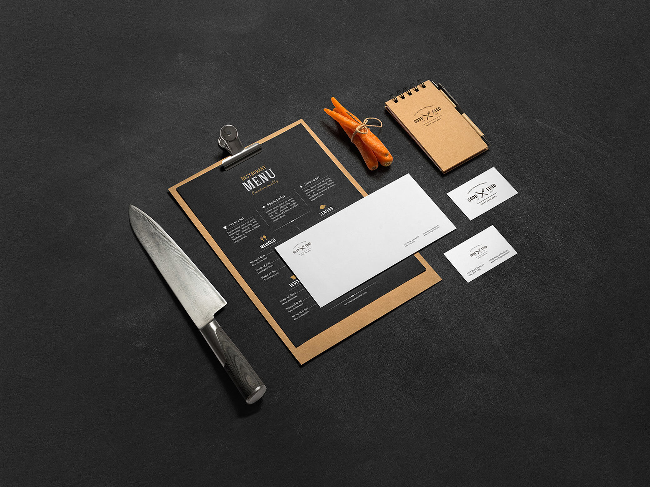 Restaurant And Bar Stationery Mockup On Dark Table FREE PSD