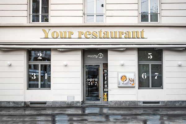 Restaurant, Cafe Facade Mockup Featuring Horizontal Signage on the Wall