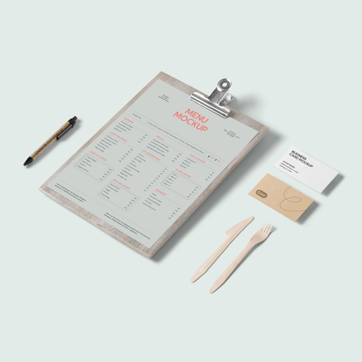 Restaurant Menu Pack with 2 Business Cards Mockup FREE PSD