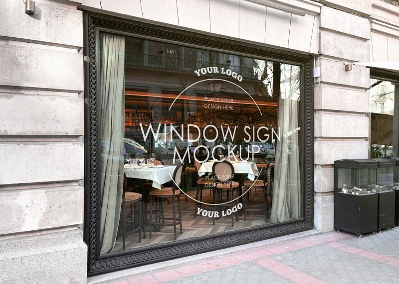 Restaurant Window Logo Mockup in Perspective View
