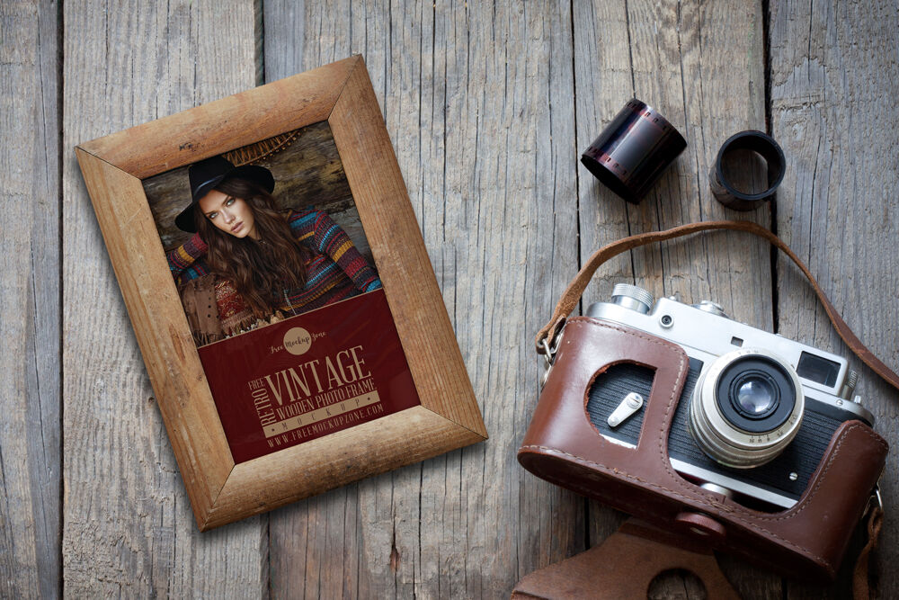 Retro Vintage Wooden Photo Frame Laying on Wooden Floor Mockup